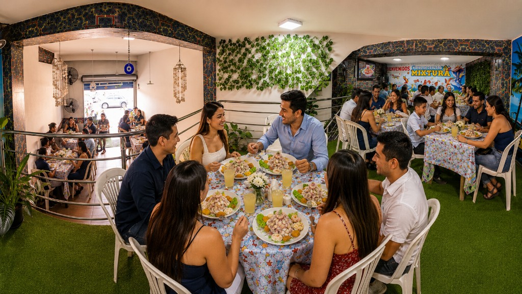 Grupo de amigos celebrando con ceviche en Mixtura
